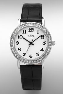INEX Women’s Crystal Bezel Black Leather Watch