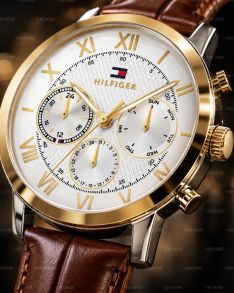 Tommy Hilfiger Mens Two-Tone Day-Date Brown Leather 42mm