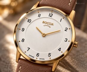 Boccia Ladies Golden Titanium Sapphire Brown Leather 32mm