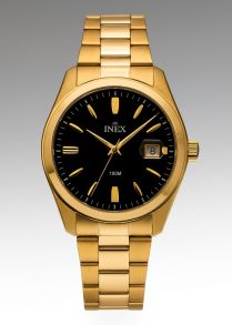 INEX Gold-Tone Stainless Steel Watch with Black Dial and Date Display – 100M Water Resistant