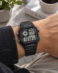 Casio Mens Black Digital 5 Alarms World Time 42mm